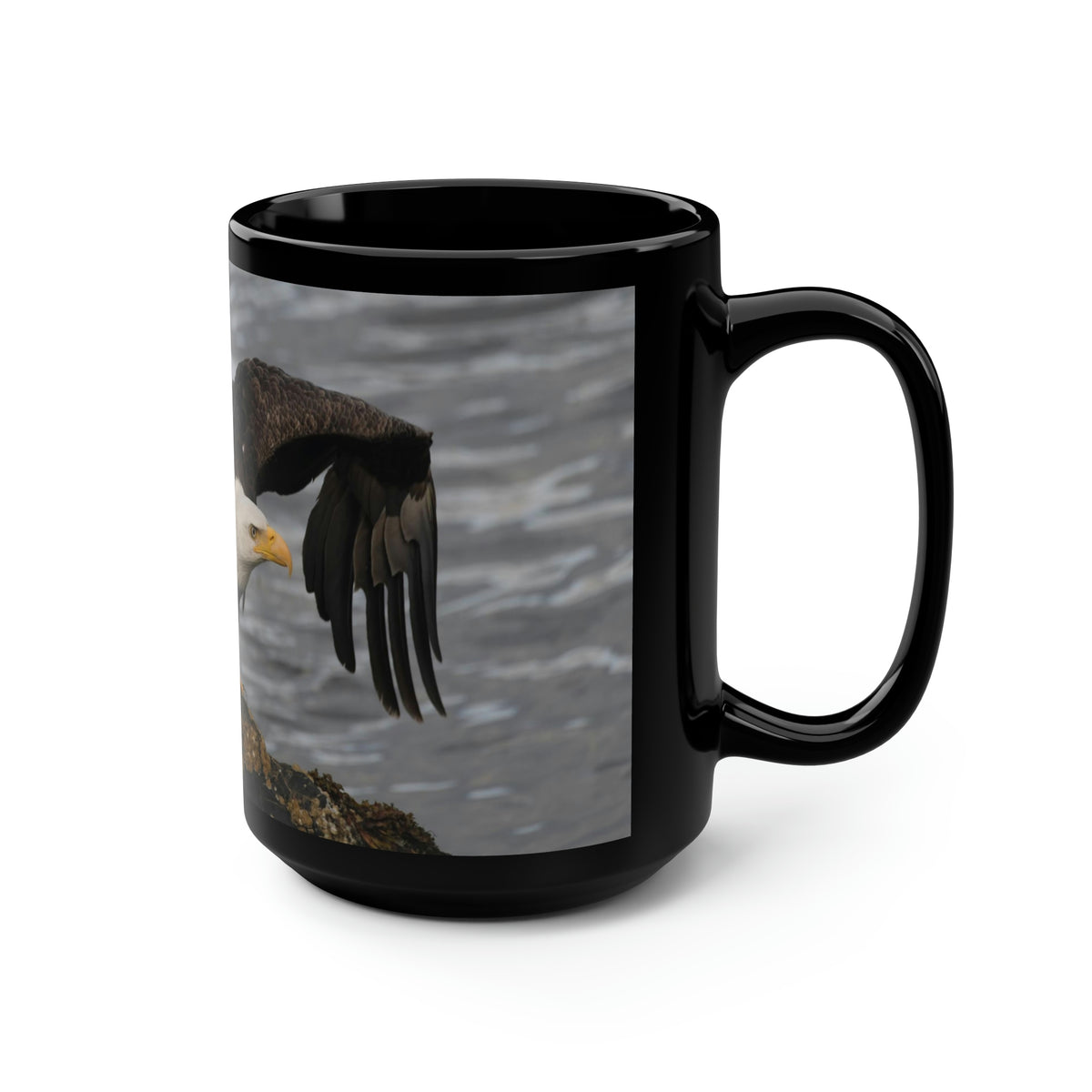 Bald Eagle Take Off Black Mug, 15oz