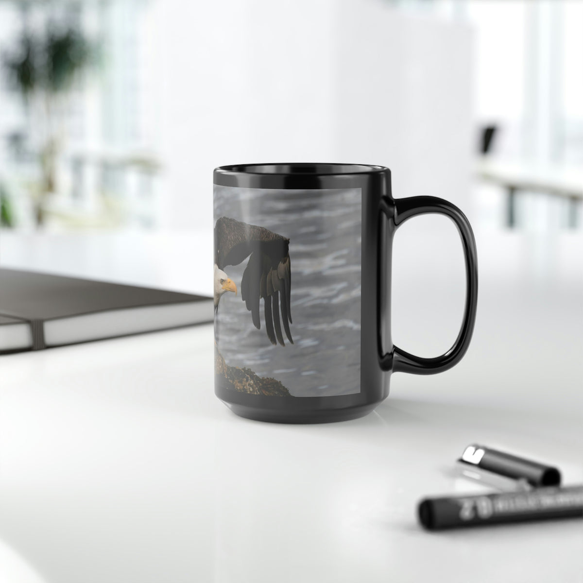 Bald Eagle Take Off Black Mug, 15oz