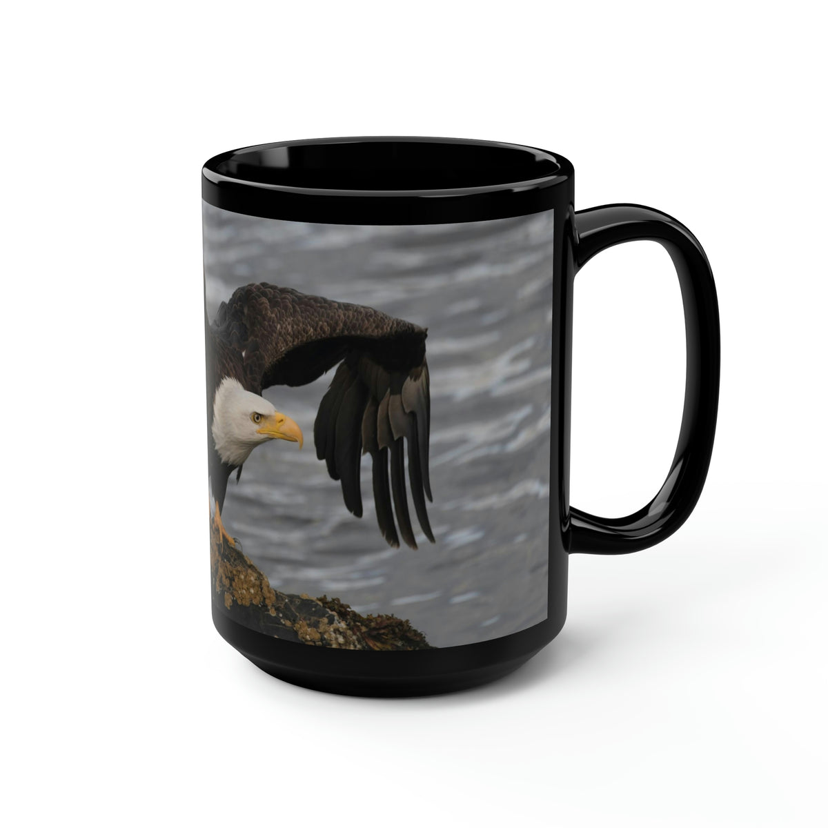 Bald Eagle Take Off Black Mug, 15oz