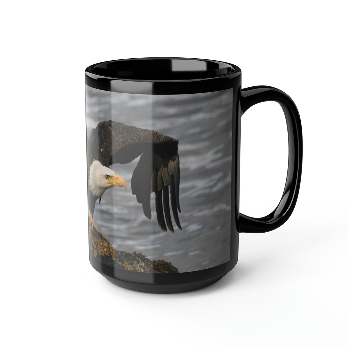 Bald Eagle Take Off Black Mug, 15oz