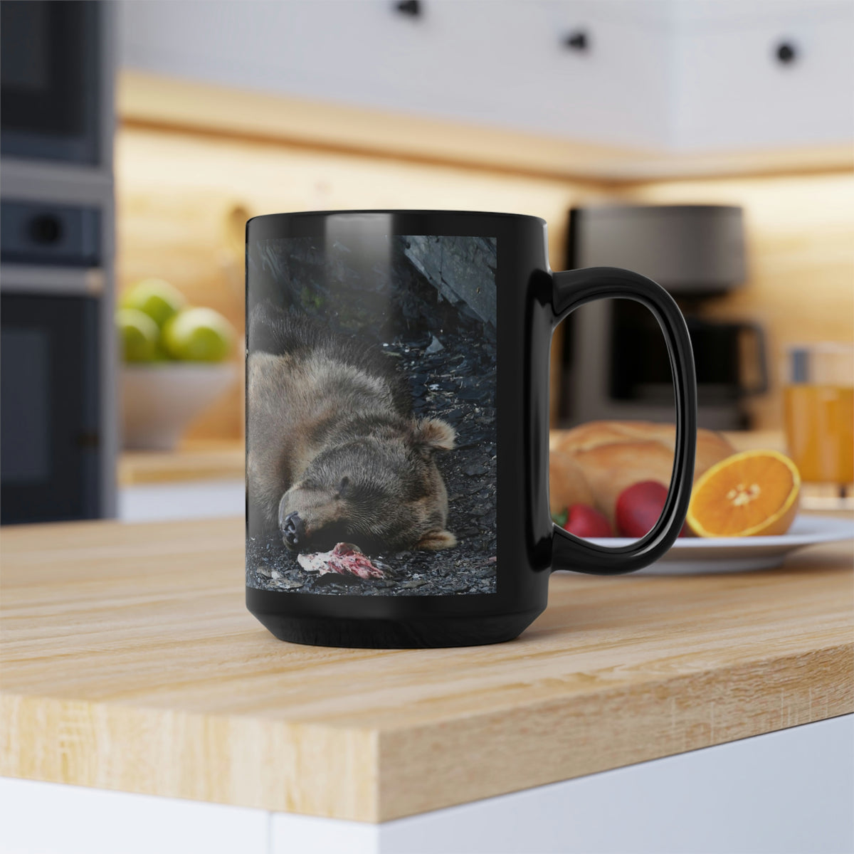 Snoozing Bear Black Mug, 15oz